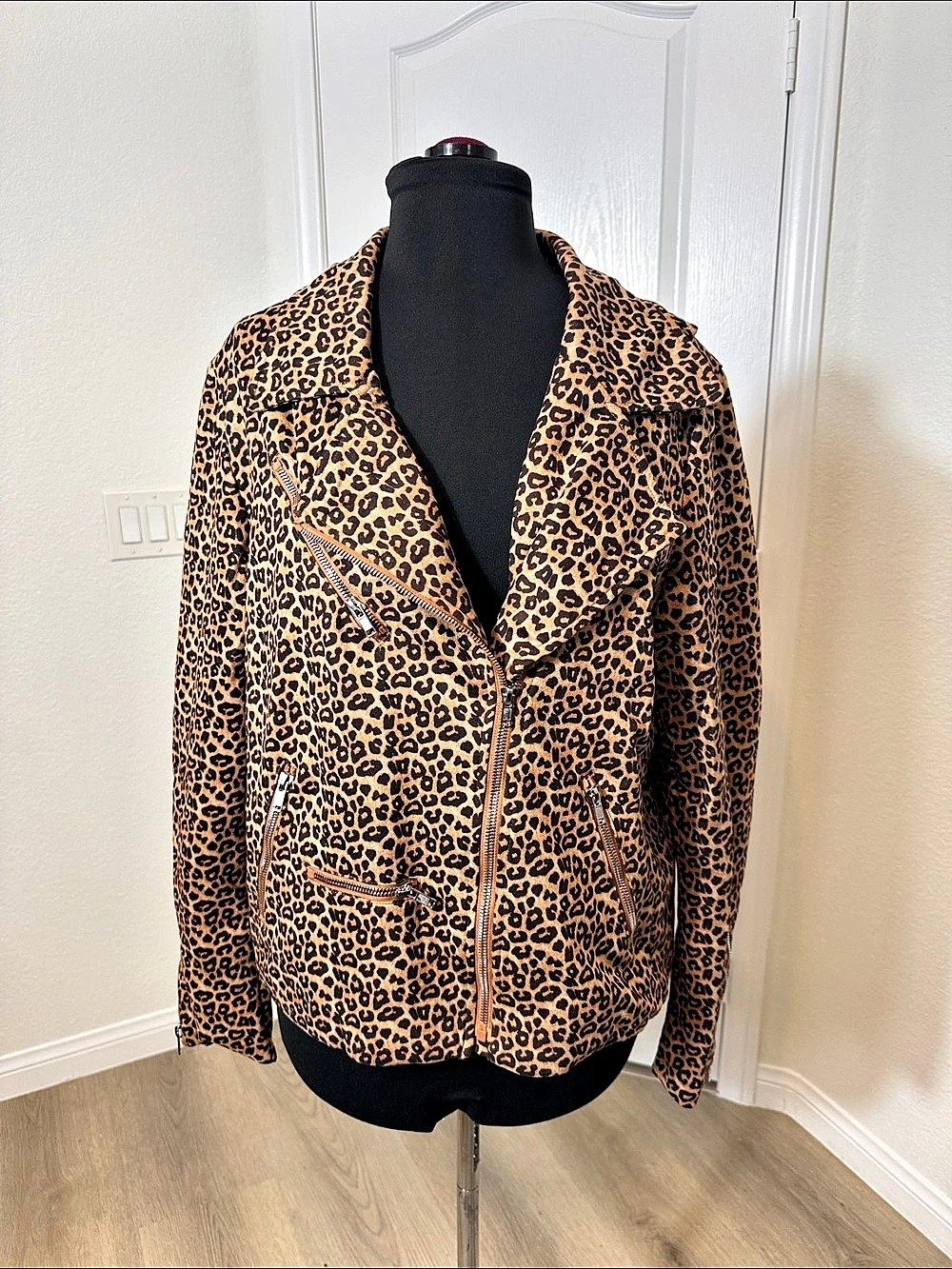 Faux Suede Leopard Print Moto Jacket Brown & Black Size XL